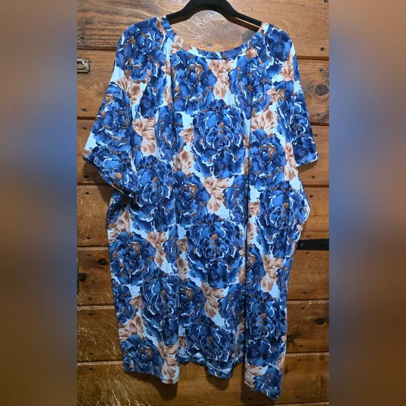 Liz & Me Floral Blue and Brown Short Sleeve Top - Picture 6 of 8